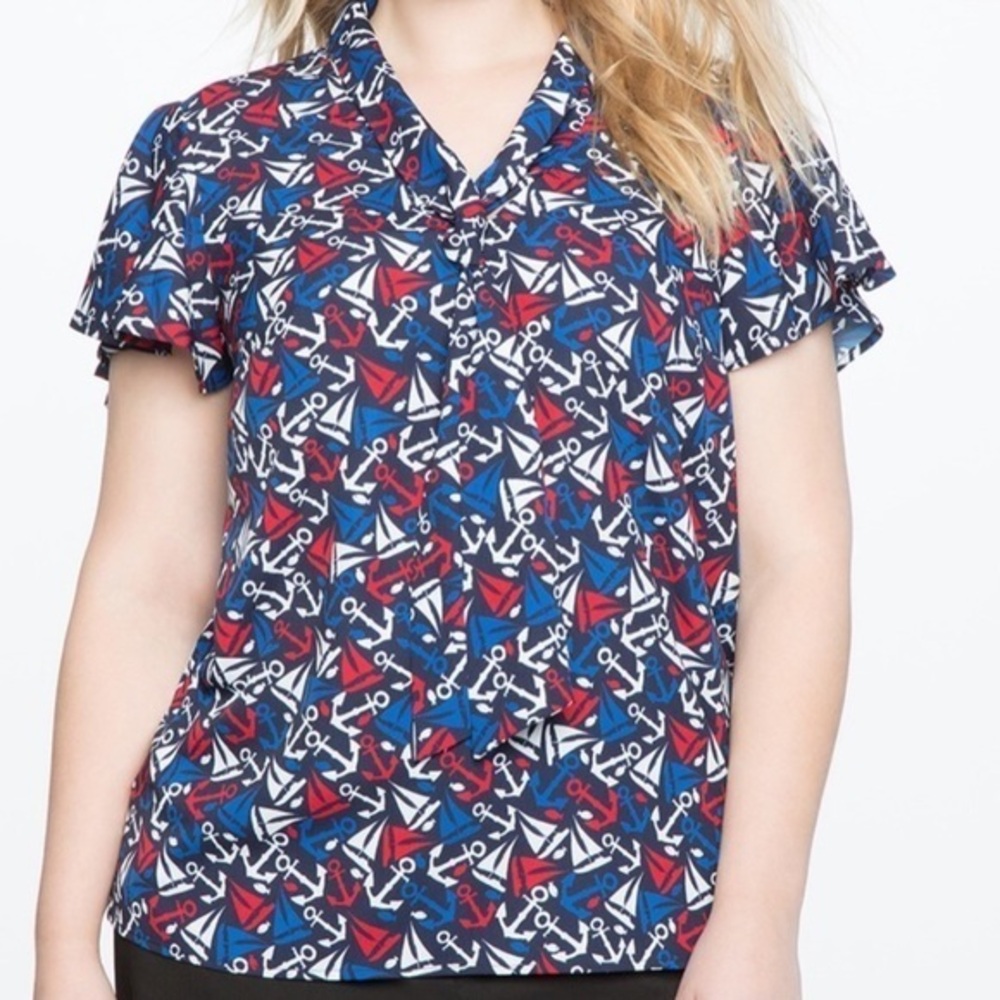 ELOQUII Nautical Printed Bow Blouse Flutter Sleeves Red White Blue  Sz 20